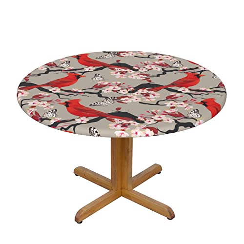 Famame Red Birds Cherry Flowers Fitted Round Tablecloth Waterproof Table Cloth With Elastic Edge Wipe Clean Table Covers For Indoor Outdoor Fits 45"-50", Medium #TOP2