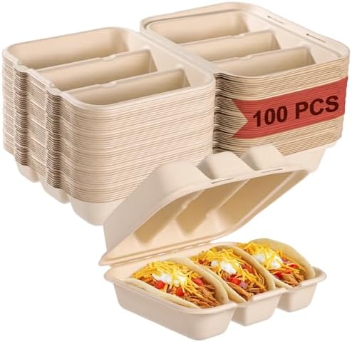 100 PCS Taco Plates Disposable with Lid, 3-Slot Taco Holder, Bagasse Pulp Takeout Food Holders for Tacos, Hot Dogs, Sandwiches, Outdoor Lunch and Party Serving