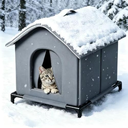 Insulated Outdoor Cat House for Winter - Weatherproof Waterproof Shelter for Stray & Feral Cats Cozy Fleece-Lined Kennel with Sponge Layer & Raised Floor (Large size 42 * 42cm)