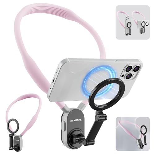 REYGEAK Suporte magnético para telemóvel, colar de gravação POV/Vlog, cordão para Selfie, suporte para telemóvel para iPhone 15, 14, 13, 12 Pro Mini/Plus/Pro/Pro MAX e Samsung Android (rosa)