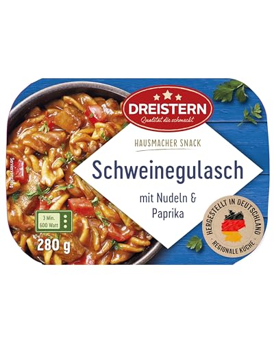 DREISTERN Schweinegulasch 280g I Mit Nudeln & Paprika I Herzhaftes Fertiggericht in Mikrowellenschale I Lange Haltbarkeit dank natürlicher Konservierung I Hausmacher Qualität