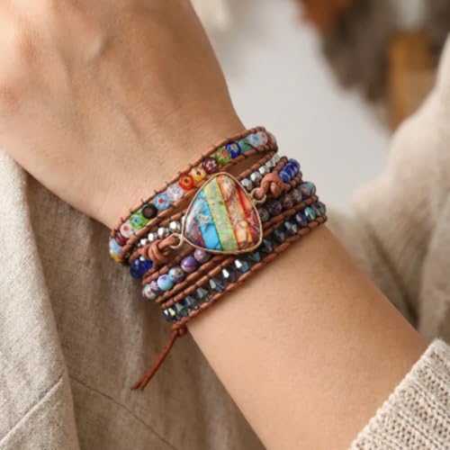 Image of YGLINE Boho Handmade Wrap Leather Tube Crystal Stone Bracelet for Women