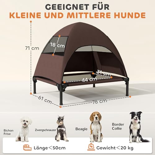 PawHut Hundeliege Outdoor mit Dach, Erhöhtes Hundebett für Mittelgroße Hunde, Kühlendes Haustierliege mit Waschbares Mesh Stahlrahmen Tragtasche, Haustierbett für Draußen Camping 76x61x71cm, Kaffee