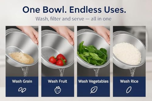 Image of Stainless Steel Rice Washer Strainer Bowl | Multi-Purpose 4-in-1 Rice Rinser & Colander with Side Drainers | Washing Bowl for Rice, Dal, Pulses, Quinoa, Grains, Fruits & Vegetables | 27 cm