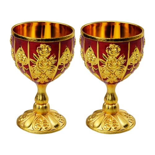 Flylin 2 bicchieri vintage dorati, in oro antico, vintage, in metallo, stile medievale, per cucina, casa, bar, feste, matrimoni (rosso oro)
