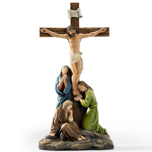 DevotedWalls Standing Crucifix Wall Cross,12" H Crucifixion of Jesus Christ Scene Statue,Catholic Figurine Jesus with Virgin Mary,INRI Cross for Home Altar,Gift for Mother's Day(Full Color)