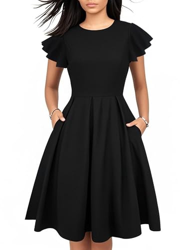 oxiuly Women's Flounce Sleeve Wedding Church Vintage Dresses Casual Floral Party Cocktail Work Dress with Pockets Fei376