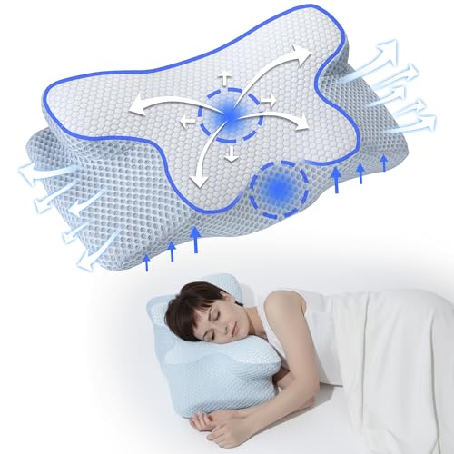 NK Almohada Cervical para Cuello   Espuma 50D con Memoria, Diseño Ergonómico para Dormir Mejor y Aliviar Dolor de Cabeza/Cuello/Hombro, Relajación y Alivio del Estrés, 60x34x13 cm   Azul/Blanco