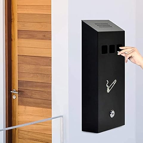 DWD ® Premium Wall Mounted Ashtray Smoking Cigarette Steel Bin Metal Ashtray Lockable with Keys Approved for Outdoor Use Black, Smoking Shelter (Slim H 32cm x W 15cm X D 6cm) Cover