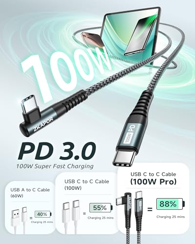 ZKAPOR Câble USB C vers USB C 1M 100W Cable USB Type C Coudé Charge Rapide – vue 2
