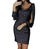 Aniywn Party Dress for Women Sexy Wrap Cocktail Solid Sequin Stitching Shining Prom Club Sheath Long Sleeve Mini Dress A-Black