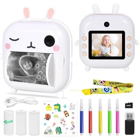 AURTEC Instant Camera for Kids, Mini Thermal Printing Camera, No Ink Required, 48MP Dual Camera,1080P HD Video, 32G TF Card, 3 Print Paper, 2.4 Inch Color Screen, Cute Animal Cartoon Design, Rabbit Cover