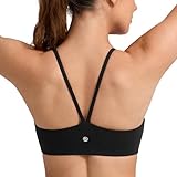 CRZ YOGA Butterlift Double Lined V Back Sports Bras for Women - Scoop Neck Spaghetti Strap Wireless Yoga Top Non Padded Black Large