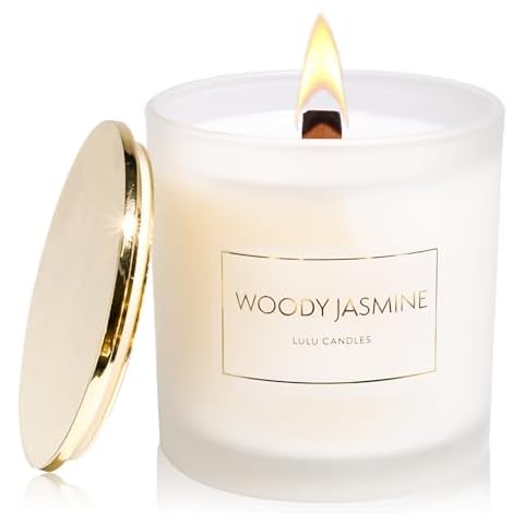 Lulu Candles | Woody Jasmine | Smells Floral & Smokey | Scent Notes: Jasmine, Sandalwood & Oud | Luxury Scented Soy Jar Candle | Hand Poured in The USA | Highly Scented (9 Oz. with Gold Lid) Cover