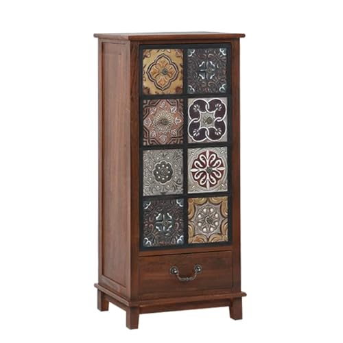 CHBMZ Mueble Alto con 4-5 Cajones, Baúl de Almacenamiento de Entrada con Patrón Geométrico Retro en Azulejos, Mueble de Acento Farmhouse con Diseño Multi-Nivel(Brown,100cm/39in)
