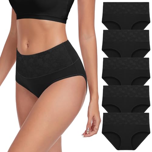 Image of coskefy High Waist Cotton Underwear for Women Full Coverage Panties Floral Print Briefs for Ladies 5 Pack