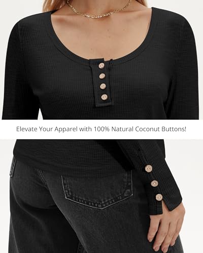 Stelle Womens Long Sleeve Henley T Shirts Button Ribbed Knit Loose Fit Tops Basic Casual Work Blouse Black X-Large — view 6