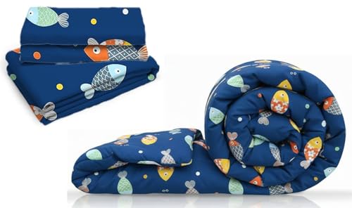 Image of Filymore Cute Fish Elastic Fitted 3-Piece Kids Bedding Set - Single Bed Comforter with Matching Fitted Single Bedsheet & Pillow Cover - Soft Design for Children's Room(Blue and Yellow)(90X60) inch