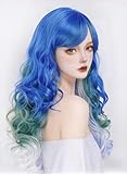 NJJYXH 24 Inches Colorful Wigs for Women Long Blue Wavy Wig with Bangs Synthetic Natural Rainbow Wig for Cosplay,Halloween,Daily Use