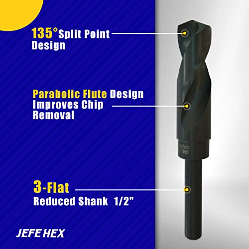 Jefe Hex Reduced Shank Industrial Drill Bit, 5/8 Inch Silver And Deming Drill Bits, Hss Black Oxide Finish Drill Bits, 135-Degree Split Point, 1/2" Shank For Most Handle, Ideal For Steel, Copper, Aluminum, Zinc Alloy, Wood And Plastic #TOP3
