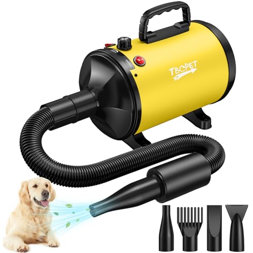 Dog Dryer High Velocity Dog Hair Dryer with 4 Nozzles 5.2HP/3800W (Professional Super Cyclone), Stepless Adjustable Speed Temperature Dogs Grooming Blow Dryer with Heater for Pets Hair Dryer, Yellow