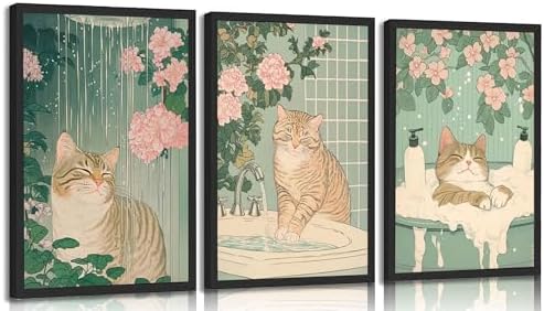 Amazon.com: 3Pcs Cute Funny Japanese bathroom Cat Canvas Wall Art plant ...