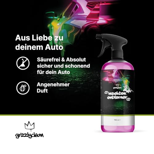 GrizzlyClean Insektenentferner Auto - Kraftvoller Insektenreiniger für Lack, Glas & Kunststoff - Insekten Entferner für Fliegen, Baumharz & Vogelkot - Fliegenentferner mit Sprühflasche (750ml)
