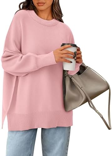 PRETTYGARDEN Women's Oversized Sweater 2025 Casual Fall Outfits Crewneck Long Sleeve Side Slit Chunky Knit Pullover Tops