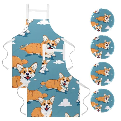 Tablier de serveuse Corgi sur fond bleu pour pâtisserie et bistro