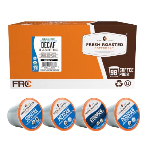 Fresh Roasted Coffee, Organic Variety Pack Water-Processed Decaf K-Cup Pods for Keurig Brewers, Medium Roast, USDA Organic, Kosher, 96 Count Loose Pack