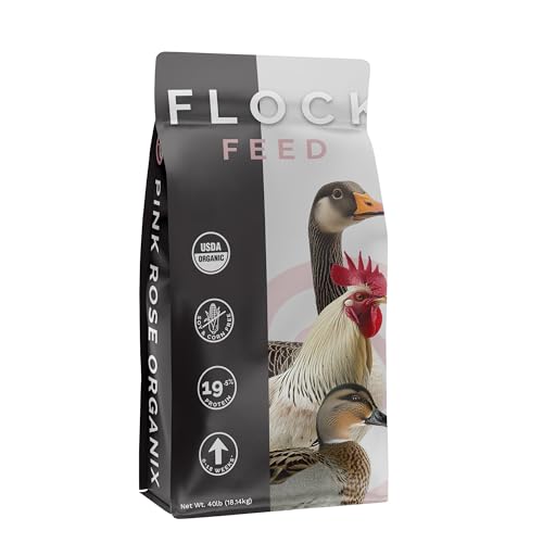 Pink Rose Organix Flock Pellet Feed 40lbs - 19.5% Protein Non-GMO USDA Certified Organic Blend - with Essential Nutrients for Healthy Growth - Soy & Corn-Free