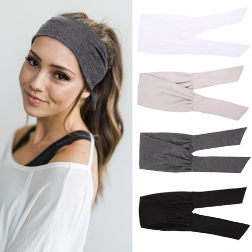TuTive 4 Pieces Knotted Women's Headbands - Adjustable Elastic, Non-Slip Sweat Soft, Solid Color Simple Versatile Hair Accessory for Yoga Workout