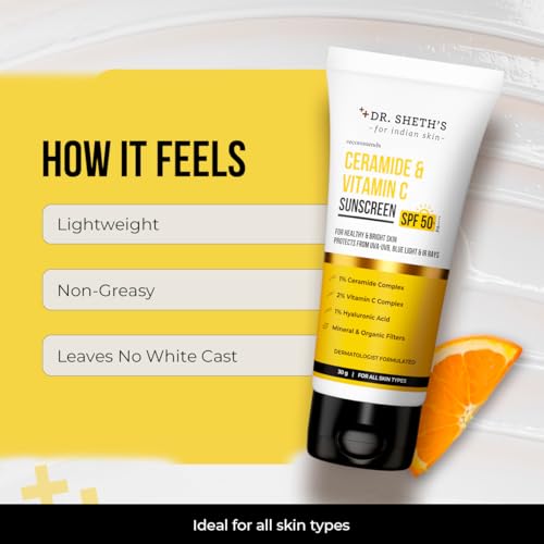 Dr. Sheth's Ceramide & Vitamin C Sunscreen | In-Vivo Tested | Protects, Moisturizes & Brightens Skin | SPF 50+ PA++++ | Lightweight, Leaves No White Cast | 30 g