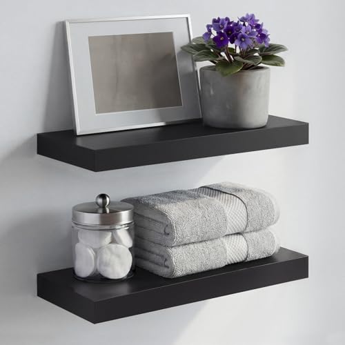 Homeforia 16 inch Black Floating Shelves, High End Solid Real Wood 16inch Bathroom Floating Shelves for Wall Mounted, 16in Wooden Small Floating Shelf, Heavy Duty Bracket, 16 X 6.5 X 1.75 in, Set of 2
