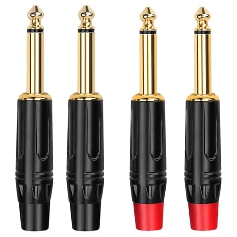 GOSYSONG 1/4 inch Mono Plugs 4-Pack, TS Solder Type DIY Audio Connector, Heavy Duty Quarter Inch Adapter 24K Gold-Plated for Guitar Cables, Instrument Cable (Black*2+Red*2) Cover