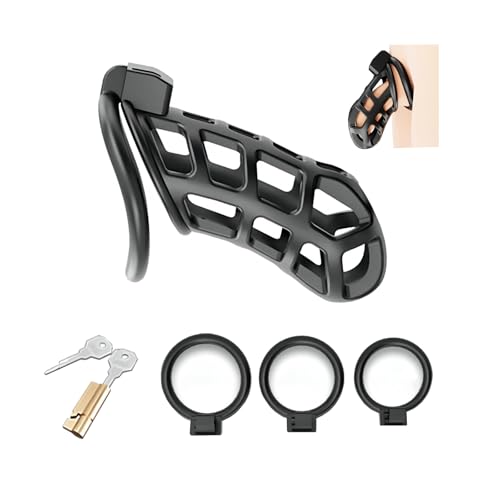 Sex Toýs Couple Cage de Chasteté Pénis Noire Ceintures de Chasteté avec Serrure Invisible et 3 Anneaux Courbes de Taille Différente Cage de Chasteté pour le Bondage du Pénis de l'Homme (XL)