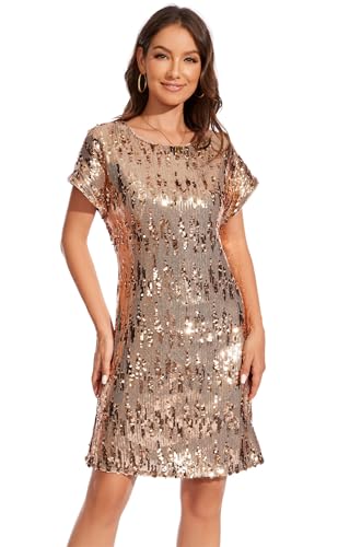 Image of Women's Crewneck Sequin Shift Dress Short Sleeve Casual Holiday Sparkly Party Dress