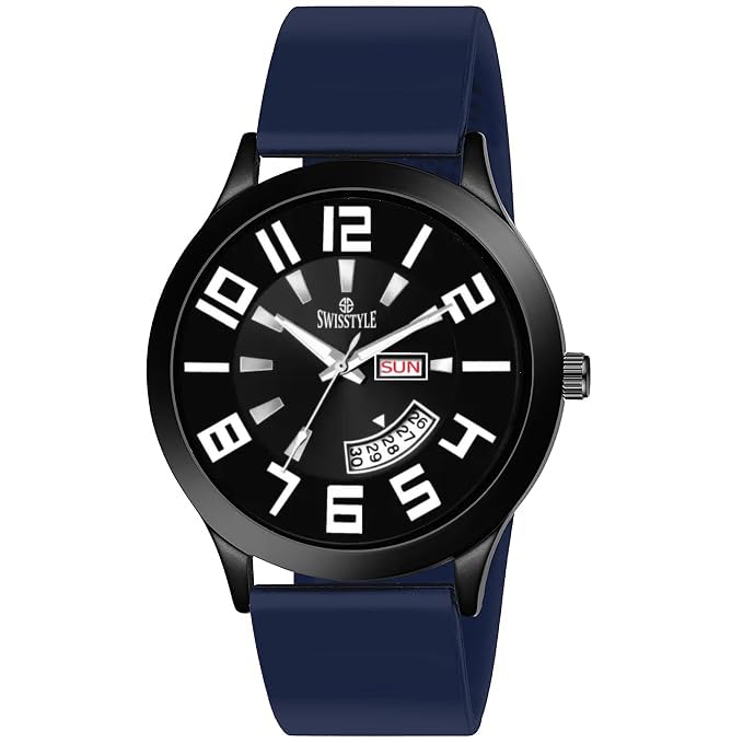 SWISSTYLE Black Soft Silicone Strap Day Date Display Analog Watch for Men (Blue) (B0CX9F62SX) Amazon Price History, Amazon Price Tracker