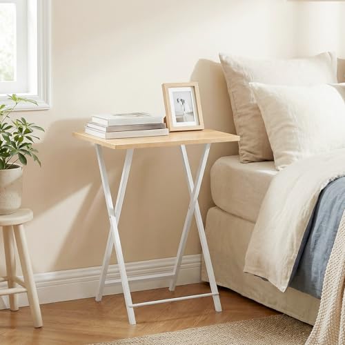 Image of HOOBRO Folding TV Tray Tables, Set of 4 TV Trays with Storage Rack, Industrial Side Table for Eating at Couch, Foldable Snack Table for Small Space, Easy Assembly, Natural and White, WN50BZ01