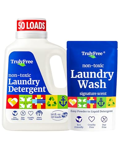 Truly Free Natural Laundry Detergent for Sensitive Skin | Eco Friendly, Plant Based, Baby Clothes Safe | Clean & Easy Powder to Liquid, 1 Pack Detergent + 1 Refillable Jug | Signature Scent, 50 Loads