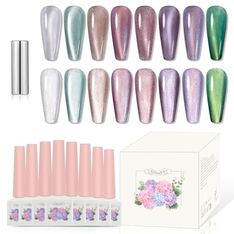 ADHERE Cytaty z ziół kwiatowych - 12 ml, 8 kolorów, miętowy, fioletowy, zielony, różowy, biały, połyskujący, kocie oko, zestaw lakierów UV z magnesem, lakier do paznokci, lakier żelowy UV, lakier do