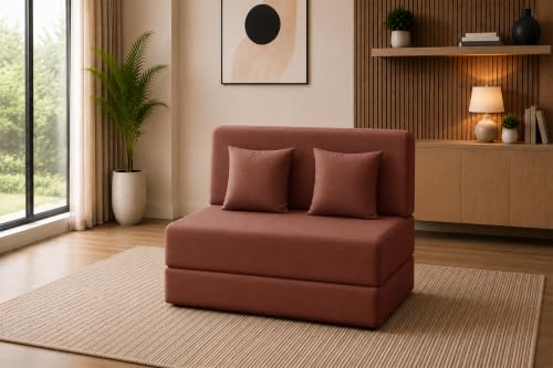Image of Sofa Cum Bed with Jute Fabric, Convertible Two Seater Sofa Bed 4x6 Ft, Comfortable Cushioned Seating, Space Saving Design for Living Room, Bedroom & Guest Room - Brown Color