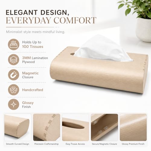 Image of Zesta Wooden Tissue Holder Dining Table Decor | Napkin Stand Kitchen Countertop | Paper Dispenser Case Car Interior | Decorative Wooden Artifact Home Accessory Organizer (Beige)