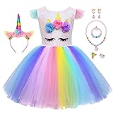 Vestido de unicornio de color perfecto: La falda de gasa de color arcoíris, con pestañas y cuernos de unicornio en el pecho, es un pequeño unicornio completamente lindo y hermoso. Las mangas de dos hombros están hechas de hilo de 2 colores azul y rosa, lo que hace que esta falda de unicornio esté más de moda.