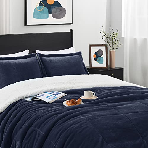 Downluxe Ultra-Soft Micromink Sherpa Queen Comforter Set With 2 Pillow Shams - 3-Piece Set - Navy - Plush Warm Fall Winter Blanket & Bedding Comforter Sets #TOP4