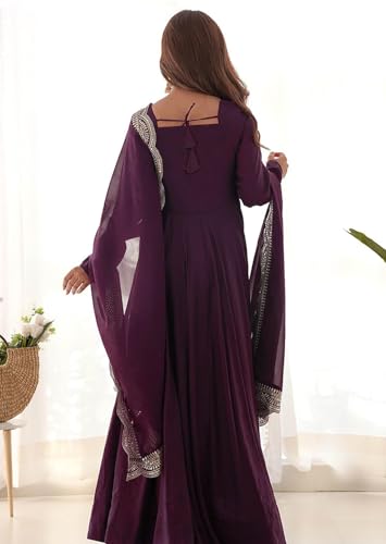 Image of Women Georgette Anarkali Gown with Dupatta Floor Length Dress, Elegant Flared Maxi Dress Full Sleeve Sweetheart Neck Embroidered Long Frock Stylish Ethnic Gown