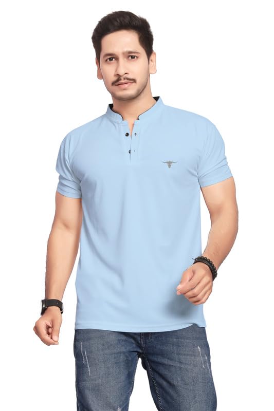 Men's Regular Fit Insignia Polo T-Shirt | Cotton Rich | Premium Pique Weave for Regular Use (Stand-Collar-Sky_PT)-picture-51