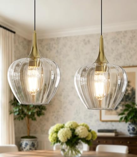 Gold Pendant Lighting for Kitchen Island, 2 Pack, 10 Inch Clear Glass