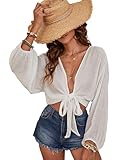 Verdusa Women's Beach Cover Ups Tie Front Long Sleeve Swimsuit Kimono Blouse Top Beach Vacation Clothes White Small