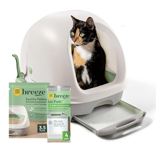 Purina Tidy Cats Hooded Litter Box System, BREEZE Hooded System Starter Kit Litter Box, Pellets & Pads